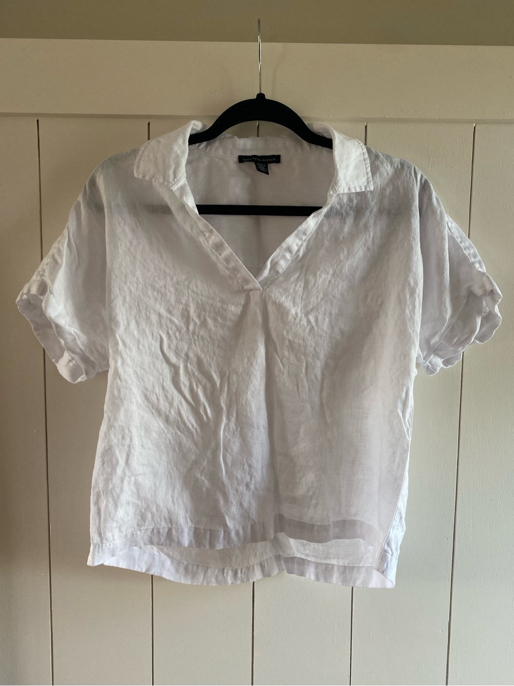 Saks Fifth Avenue 100% Linen Collared Short Sleeve White Top